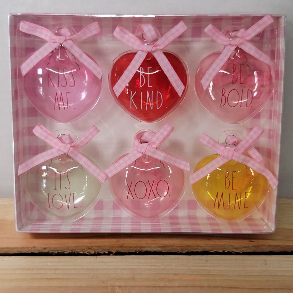 Set of 6 Rae Dunn Valentine's Day Glass Heart Ornaments - NEW